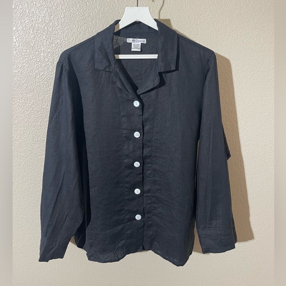 Linen Dreams Elegant Black Button-Up Blouse